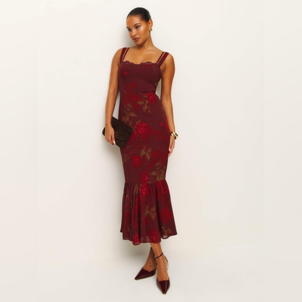 NWT Romantic Reformation Irisa dress in burgundy red rose Barcelona Border S/M 6